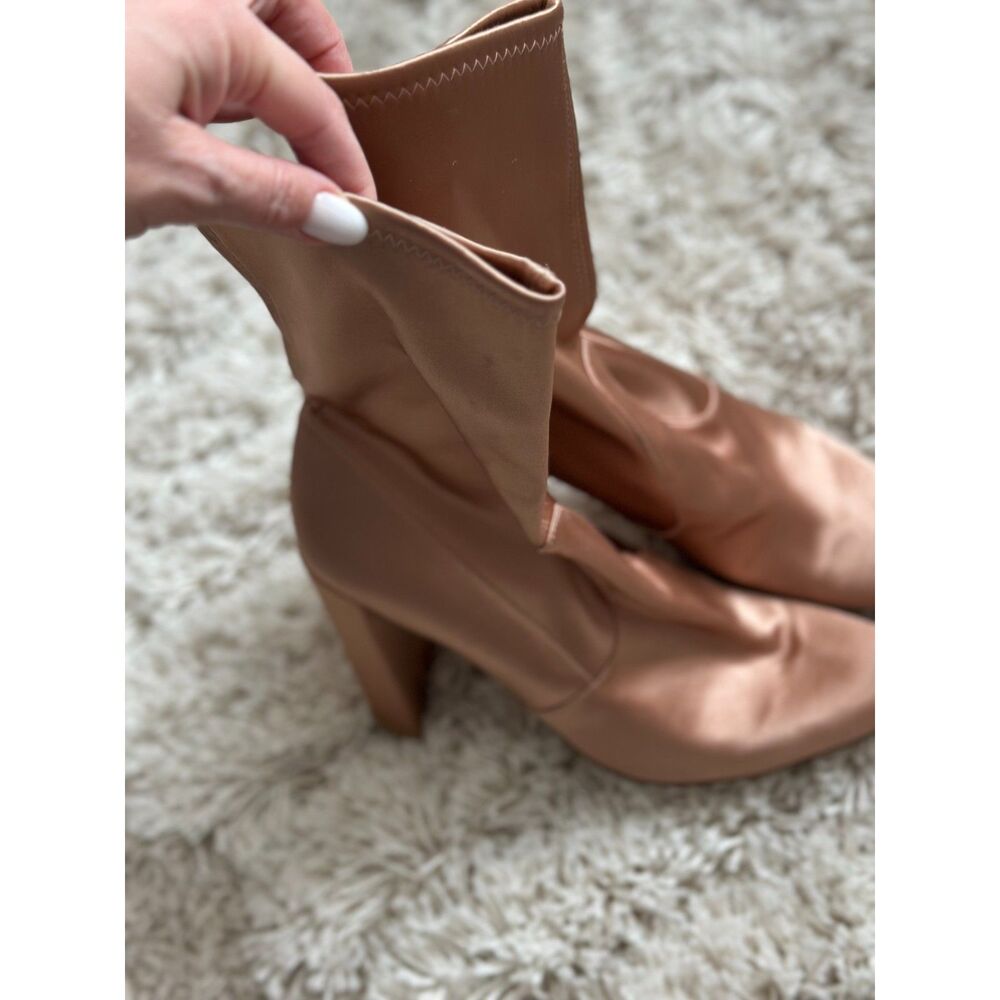 Stuart Weitzman Clinger Adobe/Beige Stretch Satin Mid Calf Boot 10M
